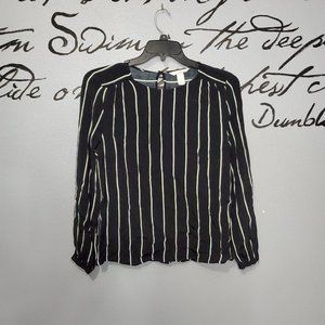 H&M Black, White & Green Striped Scoop Neck Long Sleeve Blouse, 8